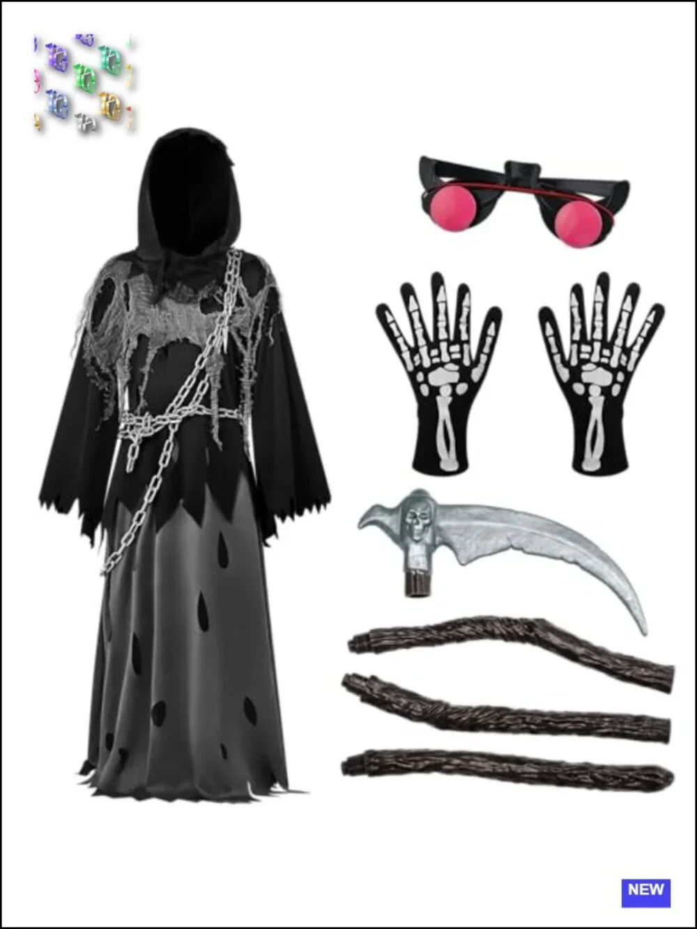 Kids Grim Reaper Halloween Costume with Glowing Eyes - Black Robe, Hood, Gloves